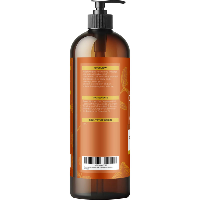 velona Cellulite Massage Oil – 16 Fl Oz | Vitamin E & Citrus Essential Oils | Massage Therapy for Legs & Body Oil | Moisturizing, Firming, Tightening, Smooth Skin | Professional Spa & Home Massage