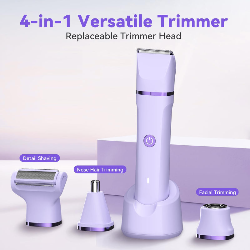 Electric Razors for Women - 4 in 1 Bikini Trimmer for Women, Waterproof Body Pubic Shaver for Womens Wet & Dry Use, Replaceable Facial & Nose Hair Trimmer, Rechargeable Hair Removal Kit, Purple