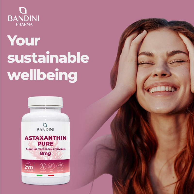 Bandini® Astaxanthin 270 Capsules for 9-Month Supply | 100% Pure, Natural & Bioavailable | Powerful antioxidant from Haematococcus pluvialis Algae | Natural Astaxanthin 8 mg per Capsule | Non-GMO