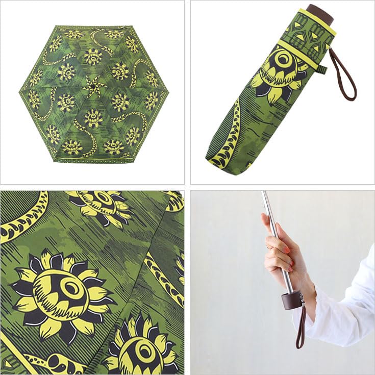 African Print Foldable Umbrella – Protea Design | UV Protection 99% | Compact & Lightweight | Sun & Rain Umbrella | Asian-Inspired Green Pattern