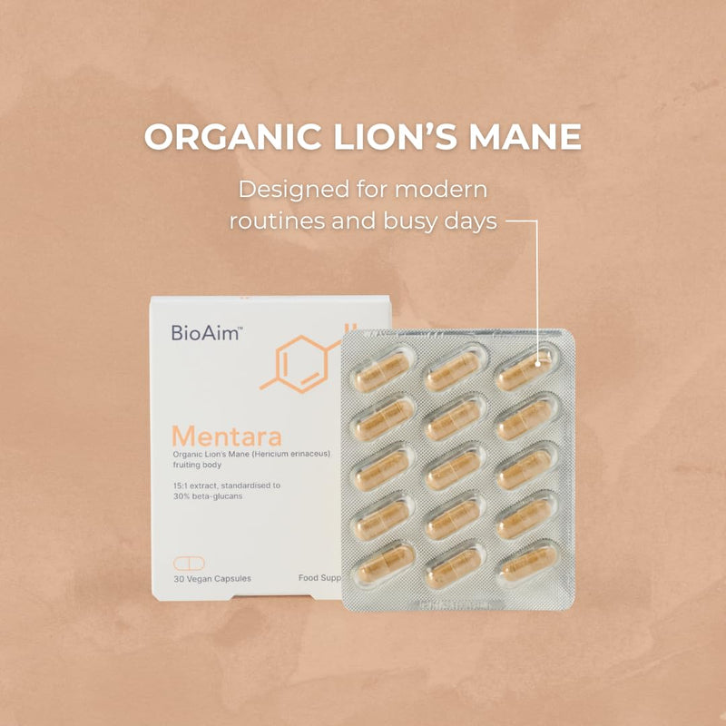 Focus Supplement, 30x Lions Mane Supplement Capsules for Focus, Memory & Clarity | Mentara | 400mg Fruiting Body Extract (6000mg Equivalent, 30% Beta Glucans) Vegan Organic Lion's Mane Mushroom