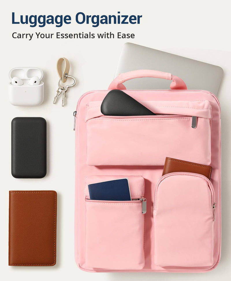 Over Luggage Organizer for Carry On Bag/Suitcase | 16” Laptop Sleeve with Handle, Portable Travel Accessories Bags for Luggage with Adjustable Harness Straps (Pink) pink