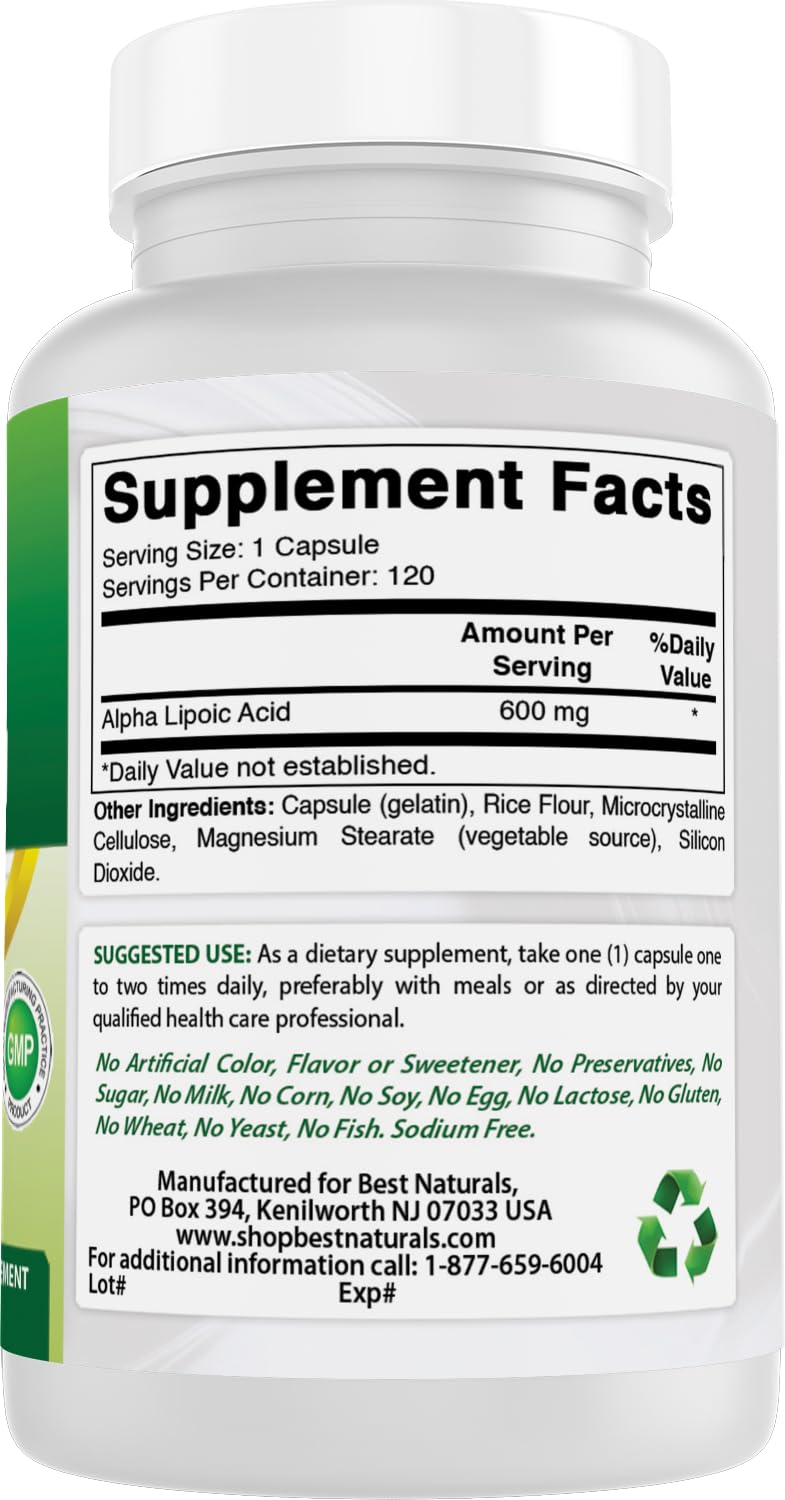 Best Naturals Alpha Liopic Acid 600 mg 120 Capsules - ALA Alpha Lipoic Acid Powerful Antioxidant (120 Count (Pack of 2))