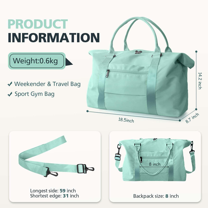 Travel Duffle Bag, Waterproof Weekender Bag Carry On Tote Bags for Women, Travel Essentials Sport Gym Bag for Men, Hospital Bag for Labor and Delivery, Overnight Bag Luggage Bag with Trolley Sleeve 04 Cyan Green