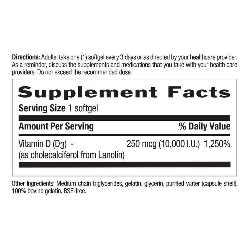 Country Life Vitamin D3 10,000 IU, 60 Softgels, Certified Gluten-Free | High-potency vitamin D3 from lanolin promotes bone, dental, immune and colon health