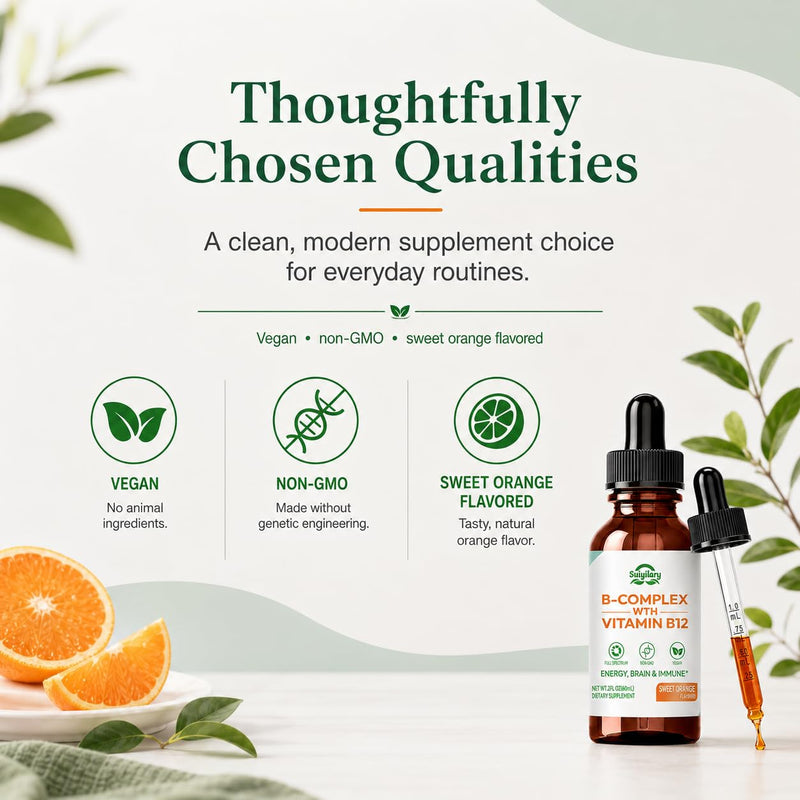 Suiyilary Vitamin B Complex Liquid Drops, B12 Methylcobalamin, B9 Folic, Vitamin C, Immune, Energy Metabolism, Brain & Heart Support, Orange Flavor, 60ml