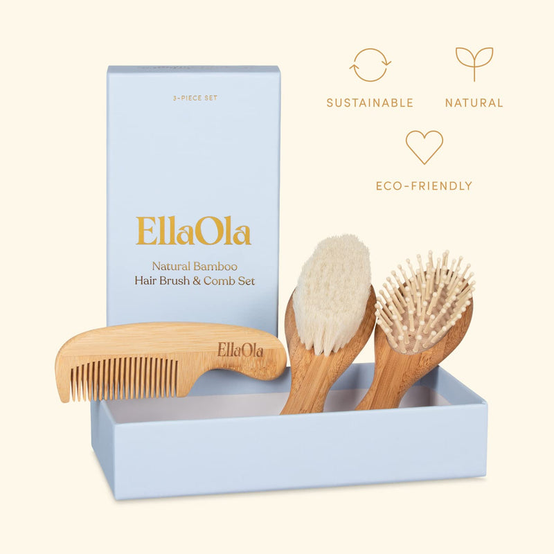 [Australia] - Natural Bamboo Hair Brush & Comb Set, 3 Piece - Cradle Cap Brush, Massage Hair Brush, Bamboo Comb for Toddlers, Newborns & Infants I Baby Registry Gift 