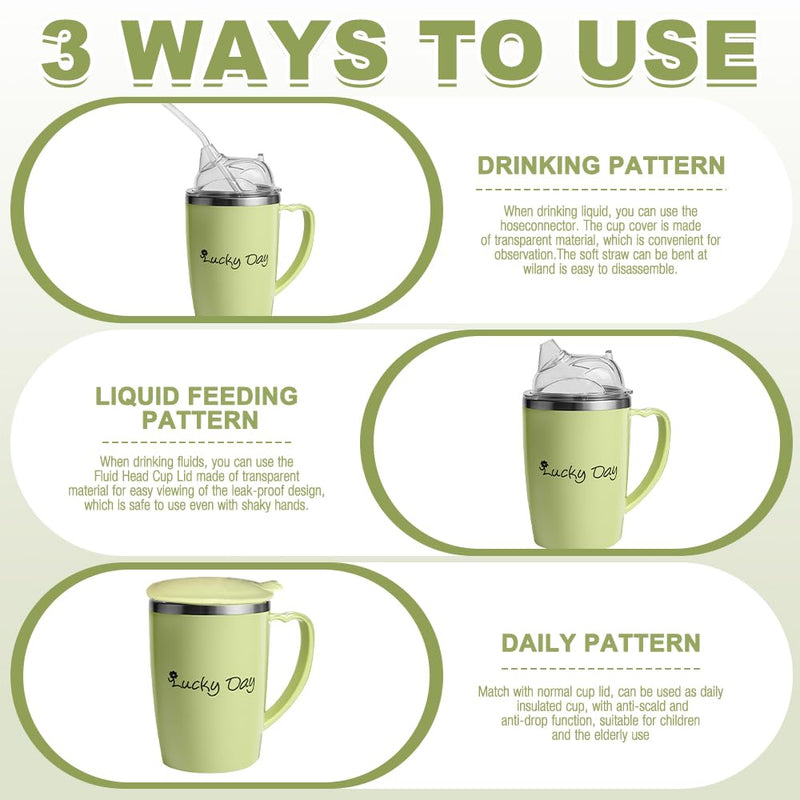 3 in 1 Beakers for Elderly 350ml, Non Spill Cups for Elderly, with 30cm Long Straw, Handle and Leakproof Lid, Adult Sippy Cups for Bedridden Seniors, Dysphagia & Disability Care Green