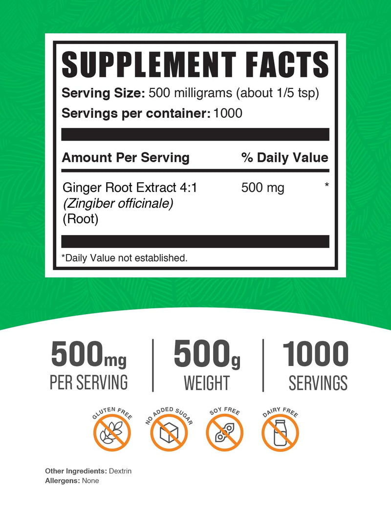 BulkSupplements.com Ginger Root Extract Powder - Ginger Supplement, Ginger Root Powder - Herbal Supplement, Gluten Free, 500mg per Serving, 500g (1.1 lbs) (Pack of 1) 1.1 Pound (Pack of 1)