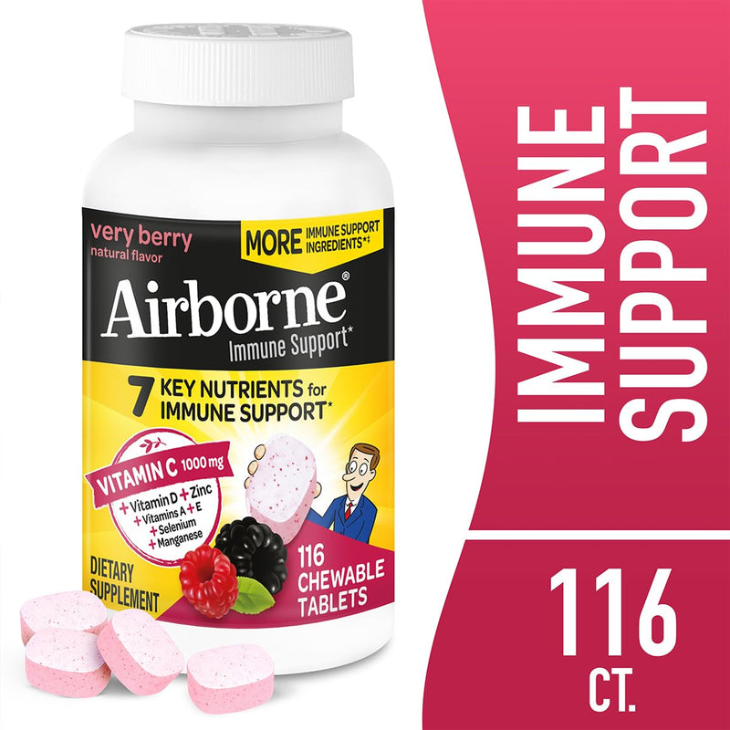 [Australia] - Airborne 1000mg Vitamin C + Zinc Immune Support Supplement Chewable Tablets, Very Berry Flavor with Powerful Antioxidants Vitamins A C & E, 116 Chewable Tablets (2 Pack) 116 Count (Pack of 2) 