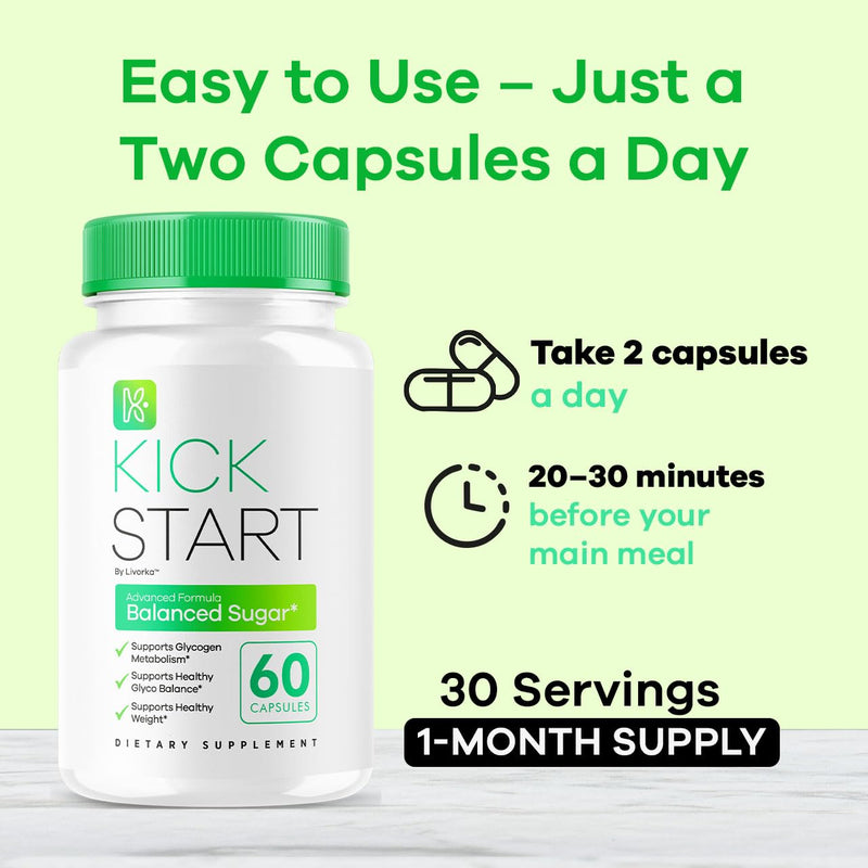 Kick Start Glyco Optimizer Capsules, Kick Start Glycol Supplement Support Pills Premium - All Natural Advanced Formula, Kick Start Vitamin, 60 Capsules for 1 Month
