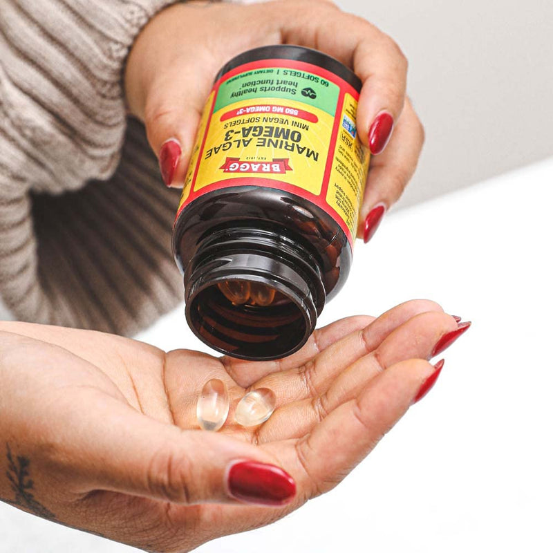 [Australia] - Bragg Vegan Omega 3 Supplement – Sustainably Sourced Marine Algae – Helps Support Brain, Eye & Heart Health - includes EPA & DHA Fatty Acids – Non-GMO - 60 Softgels 