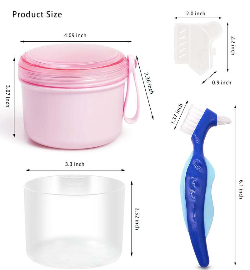 Denture Case with Denture Brush, Waterproof Denture Bath with Portable Denture Brush Holder,Partial Denture Case with Basket denture cups for soaking dentures (pink) pink