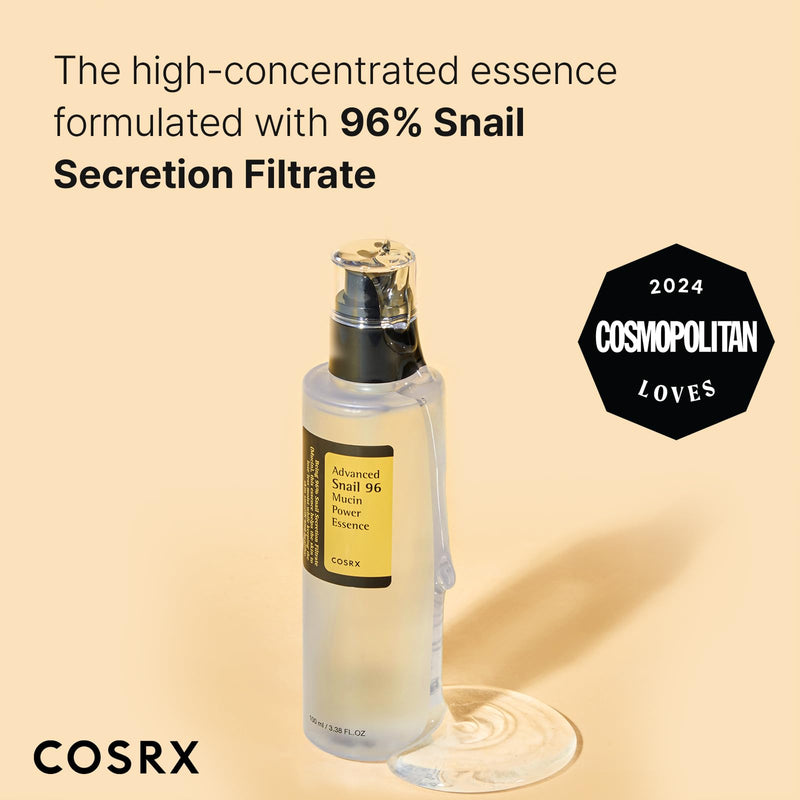 COSRX Snail Mucin 96% Power Repairing Essence 3.38 fl.oz 100ml, Hydrating Serum for Face with Snail Secretion Filtrate for Dull Skin & Fine Lines, Korean Skincare 3.38 Fl Oz (Pack of 1)