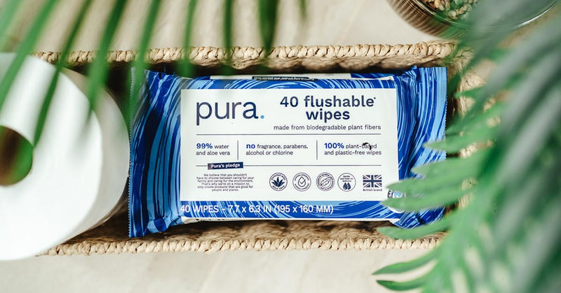 Pura Flushable Wipes 1 x 40 Toilet Wipes, 100% Plastic Free Moist Toilet Tissue, 99% Water, Totally Chlorine Free & Fragrance Free, Sensitive Skin 40 Count (Pack of 1)