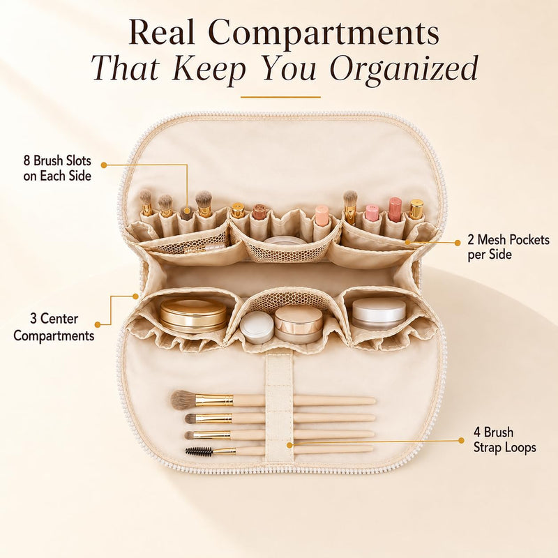 Waterproof Fold-Down Travel Makeup Bag for Women, Cosmetic Organizer with Multi-pocket, Stand Toiletry Bag (Premium Version, Taupe Brown, Medium)