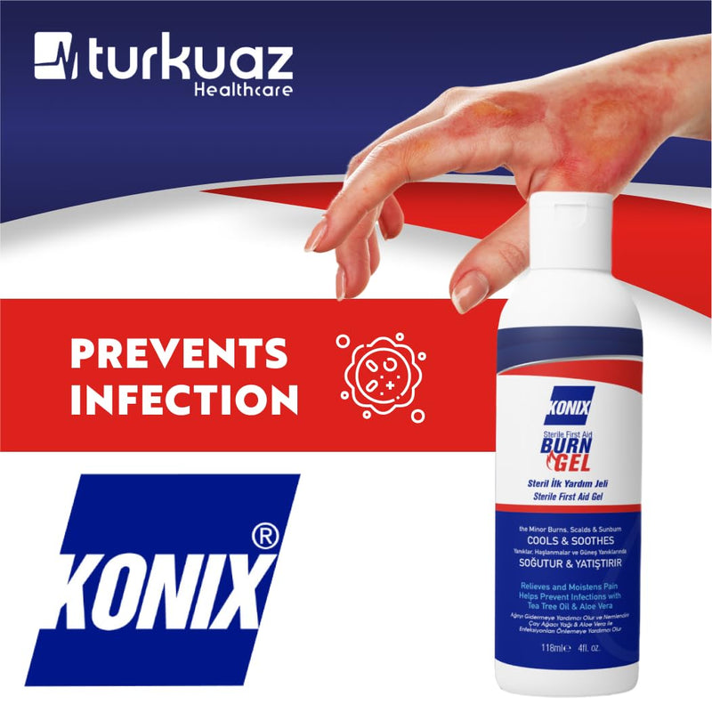 [Australia] - KONIX Sterile First Aid Burn Gel Fast Relief Protection Quick Aid Gel for All Types of Burn Injuries Suitable for All Skin Types Melaleuca, Aloe Vera 118 Ml 