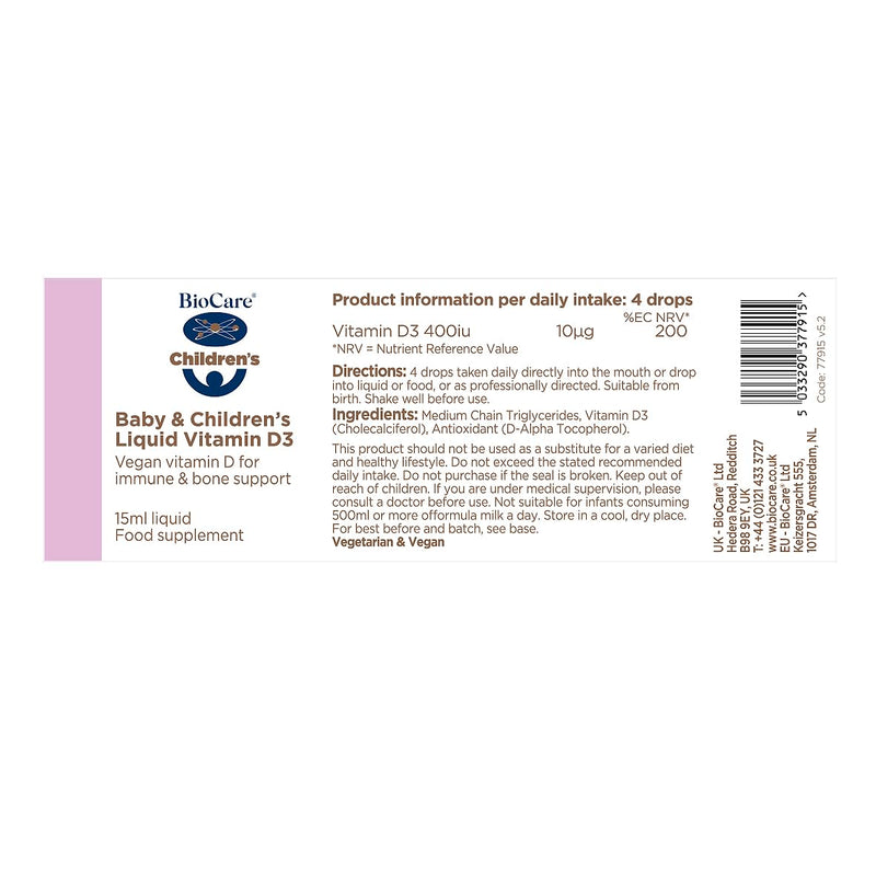 BioCare Baby & Children's Liquid Vitamin D3 - Vegan Vitamin D from Algae for Immune, Bone & Growth Support - 15ml 15 ml (Pack of 1)