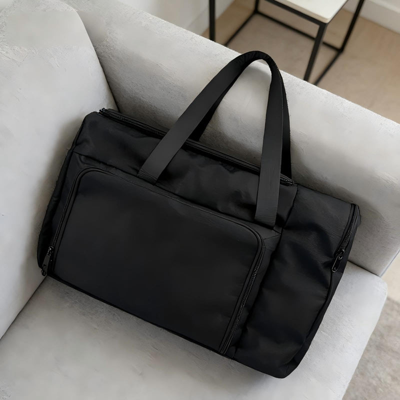 SSZYace Black Travel Bag, Waterproof Duffel Bag with Separate Shoe Compartment, Laptop Sleeve, Luggage Strap & Front Waterproof Pocket for Wet Clothes