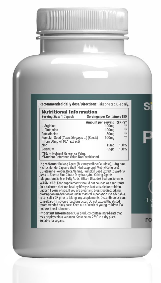 Prostaform Capsules with Pumpkin Seed, Zinc, L-Glutamine & L-Arginine HCL | Male Health, Prostate Function & Reproductive Health | 180 Capsules | Vegan Friendly | Made in The UK & GMP Certified Unflavoured 180 count (Pack of 1)