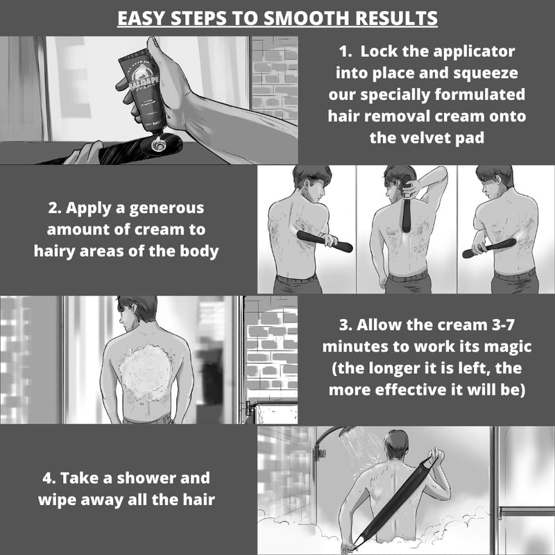 [Australia] - BALDAPE PARLOUR Body & Back Hair Removal Kit with Men's Depilatory Cream, Extendable Applicator & Loofah for Smooth, Hair-Free Results 