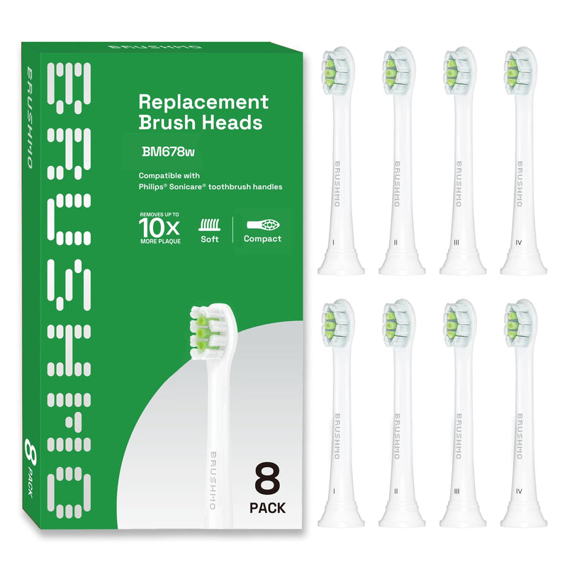 Brushmo Whitening Replacement Toothbrush Heads, Compatible with Philips Sonicare Click-on Electric Toothbrush Handles, 8 Compact Heads, Medium Firm Diamond-Shape Dupont Bristles, BM678w, White