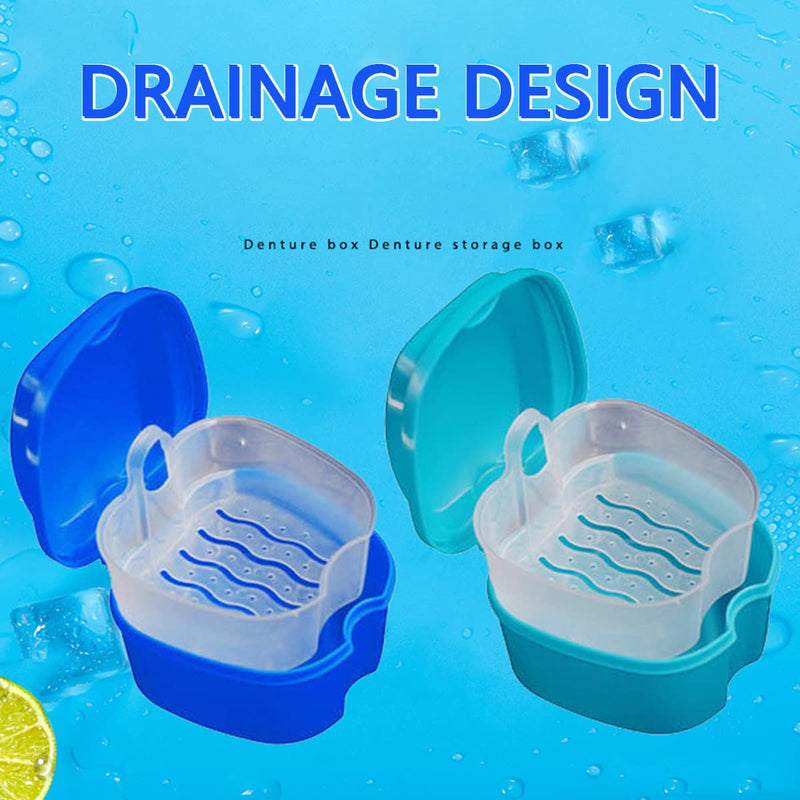 [Australia] - Denture Cleaner Box and Brush Set - 2 Pack Denture Bath Case with Basket + 2 Pack Denture Brush, Portable Denture Retainer Storage Box, False Teeth Brushes for Oral Care (Light and dark blue) Light and dark blue 