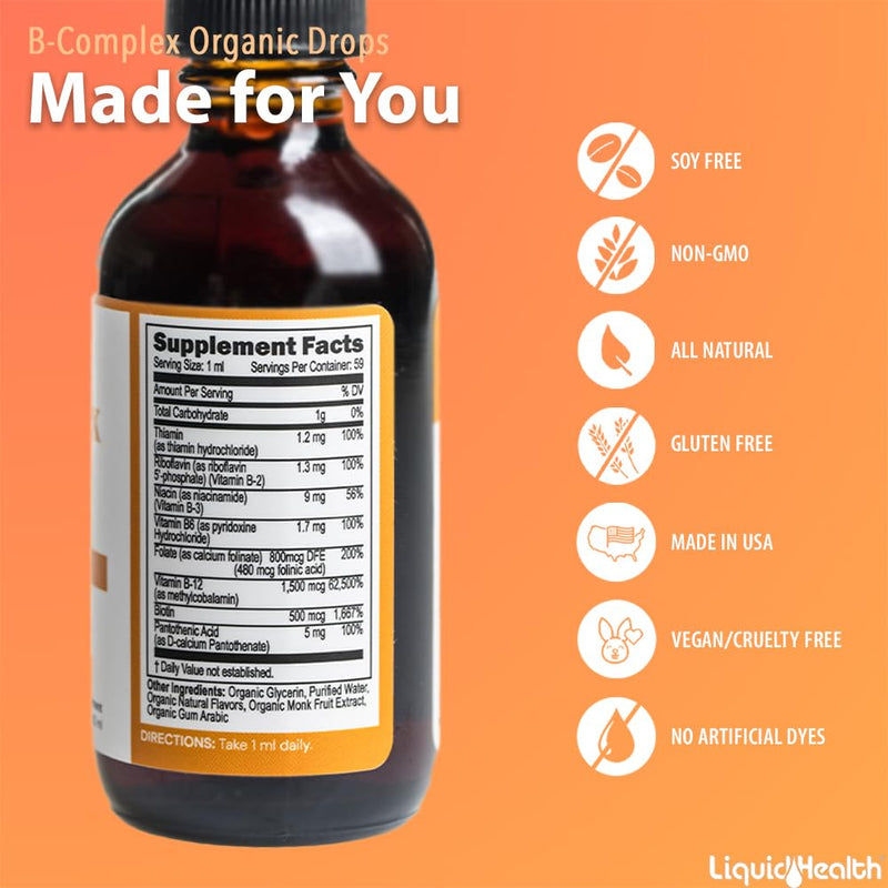 LIQUIDHEALTH USDA Organic Vitamin B Complex Drops for Men & Women - Natural Energy, Improved Focus, Memory & Mood, Immune Support, Metabolism Boost - USA Made, Extra Strength, No Sugar, Vegan (2 Pack) 2 Fl Oz (Pack of 2)