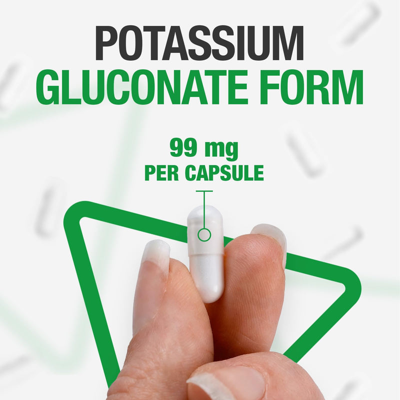 Potassium Supplements | Potassium Gluconate Capsules - 99mg per Capsule - 100 Capsules, Each with 99 mg of Premium Quality Potasium Gluconate Powder