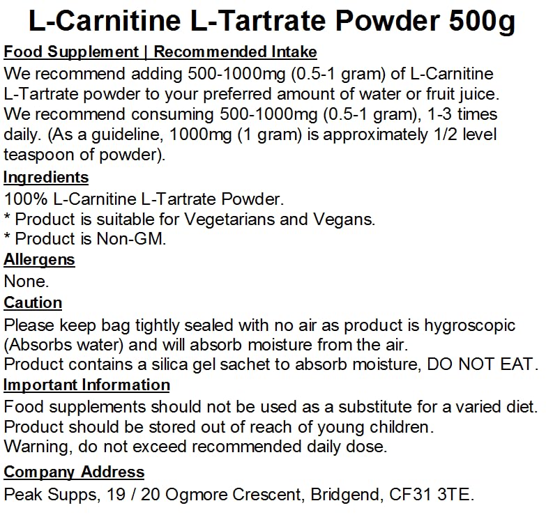 L-Carnitine L-Tartrate Powder 500g | Pure