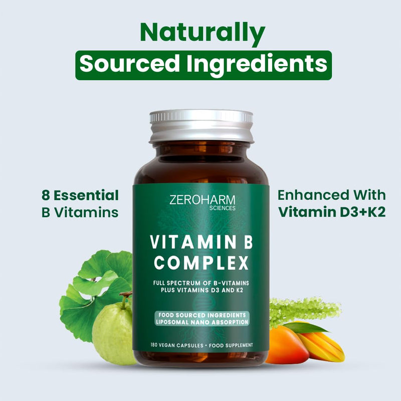 ZeroHarm Vitamin B Complex with D3 & K2 – Plant-Based B1–B12 from Guava & Spirulina – Energy, Nervous System & Heart Support – Powered by Real Food Ingredients – 180 Vegan Capsules