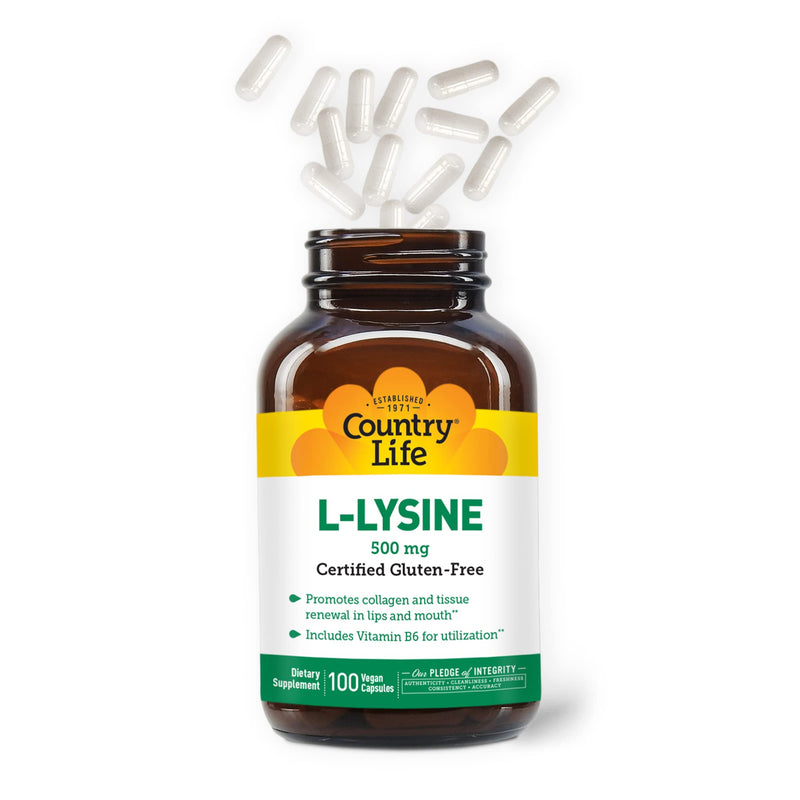 Country Life L-Lysine 500mg with B-6, Supports Immune Health, Promotes Collagen Renewal in Lips and Mouth, 100 Vegan Capsules, Certified Gluten Free, Certified Vegan 100 Count (Pack of 1)