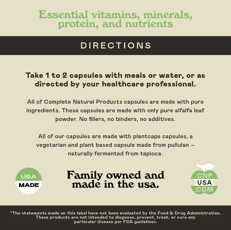 [Australia] - Complete Natural Products Pure Alfalfa Leaf (Medicago Sativa) - 100 Capsules - 630mg of Pure Dried Organic Alfalfa Leaf Powder in Veggie Capsules 