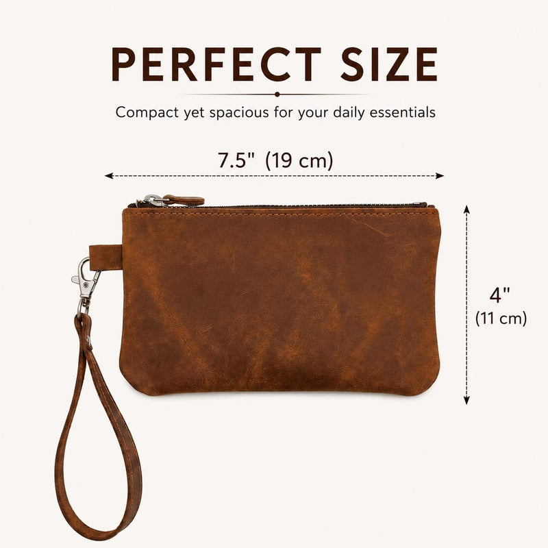 Leather Cosmetic Pouch - Genuine Leather Makeup Bag with Detachable Wrist Strap, Zipper Makeup Bag, Small Travel Toiletry Case, Warm Brown