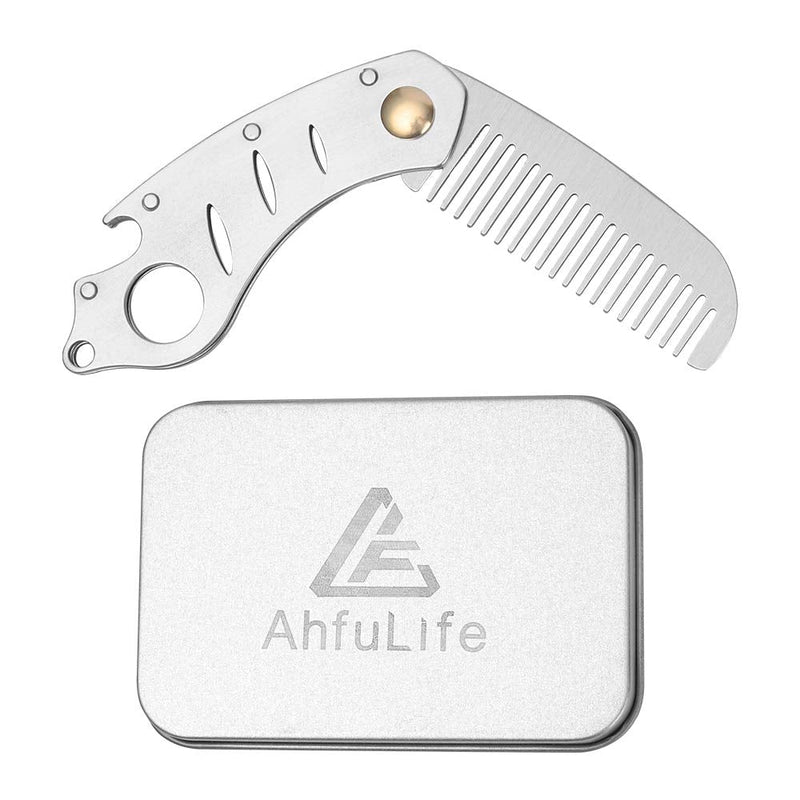 [Australia] - AhfuLife Foldable Metal Comb and Beard Comb - Multifunctional Pocket Comb with Bottle Openers - Anti-Static Stainless Steel Grooming Comb - Presented in Gift Box. Silver 