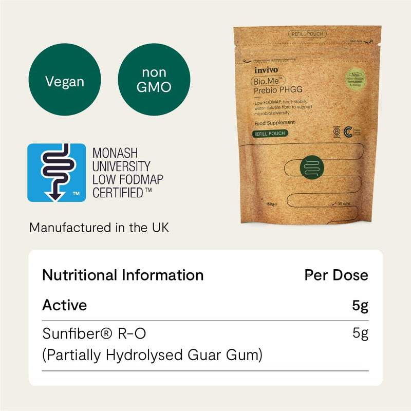 Bio.Me Prebio PHGG Refill Pouch (30 Day Supply) - Prebiotic Fibre Powder Supplement - Water Soluble Fibre to Support Microbial Bacteria Diversity in The Gut - Vegan Friendly & Gluten Free - by Invivo 150g (Pouch)
