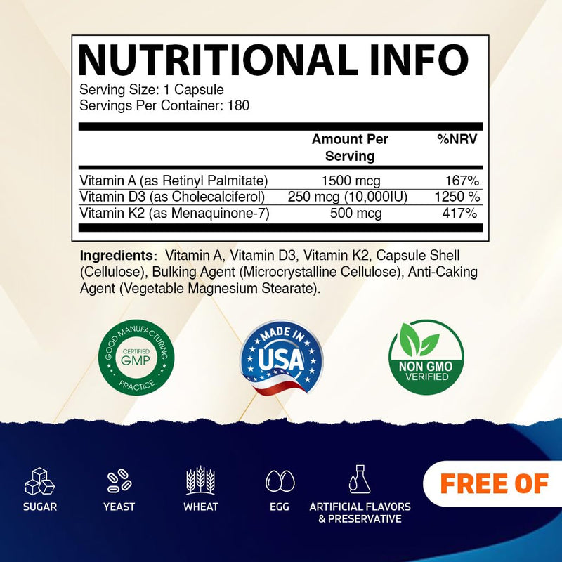 Vitamatic ADK Vitamin Supplement, 180 Veg Capsules, High Potency Vitamins A, D3, K2 for Bone Health, Calcium Absorption, Non-GMO, Gluten Free