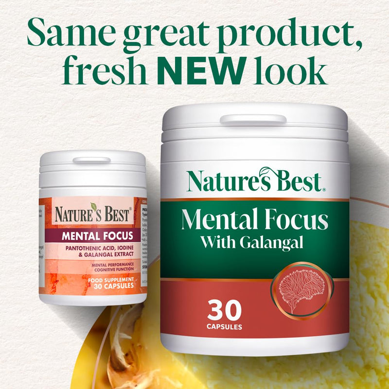 Nature’s Best Mental Focus Supplement - Fast-Acting Caffeine-Free Clarity with Galangal, Pantothenic Acid & Iodine - Energy, Mental Performance & Cognitive Support - 30 Capsules (1 Month Supply)
