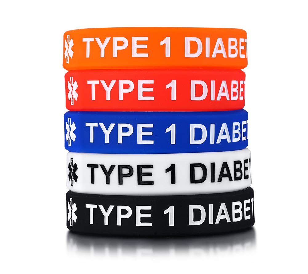 MEALGUET Pack of 5 Comfort Silicone Medical Alert ID Type 1 Diabetic Type 2 Diabetic Wristband Awareness Diabetic Bracelet for Kid Boys Girls, 6.7" B-Type 1 Diabetic