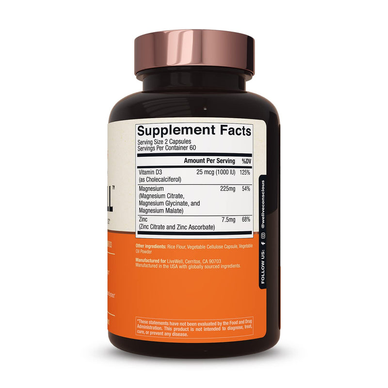 Live Conscious Magwell Magnesium Zinc & Vitamin D3 - Magnesium Glycinate, Malate, & Citrate - Triple Supplement for Women & Men - for Sleep, Bone, Heart, Immune Support - 120 Caps 120 Count (Pack of 1)