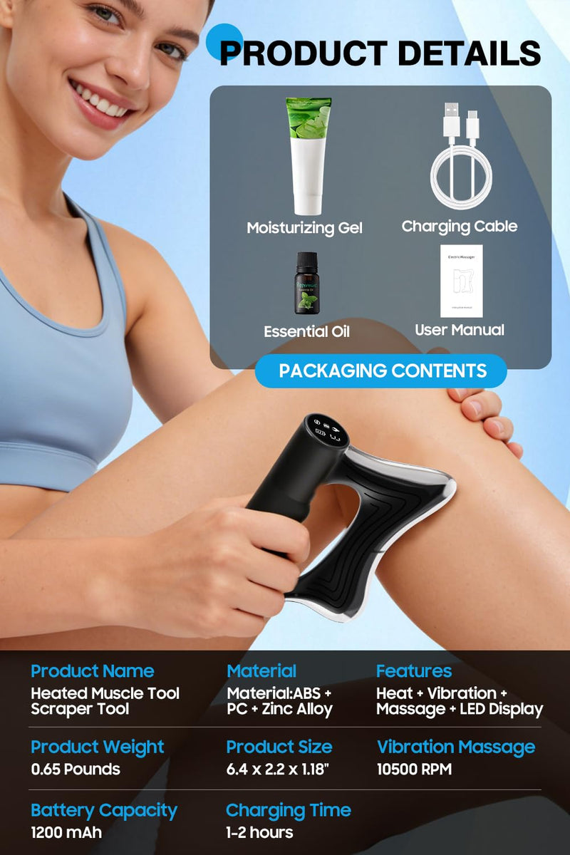 Heated Muscle Scraper Tool with Pulse & Vibration for Pain Relief, Black | 3 Intensity Modes with LED Display, Full Body Gua Sha Massager, Rechargeable Fascia Release for Deep Tissue, Workouts & Home