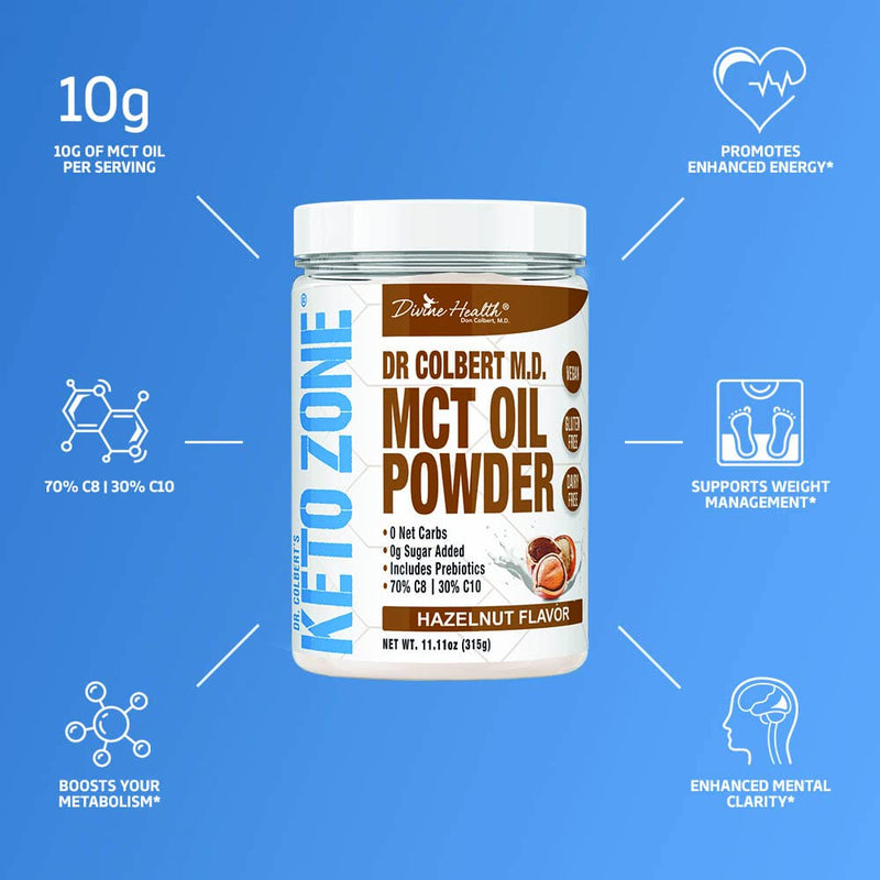[Australia] - Dr. Colbert MD MCT Oil Powder | Hazelnut Flavor | by Divine Health | Recommended in The Keto Zone Diet book | 70% C8 | 30% C10 | 0 Net Carbs | Alternative to Coffee Creamer | 315g 