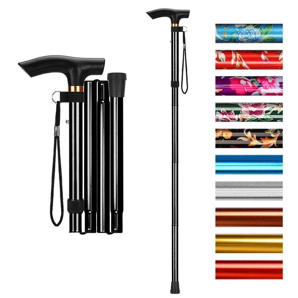 supregear Folding Cane, 5-Level Adjustable Height Walking Stick Lightweight Portable Cane Travel Cane with Wrist Strap and T Handle for Elderly Disabled Men Women Black