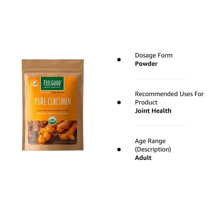 [Australia] - FeelGood Organic Superfoods Pure Curcumin Powder, Organic, Non-GMO, Vegan from Bulk Ground Turmeric Root from India, Curcuma Longa Joint Supplement, 5 oz 