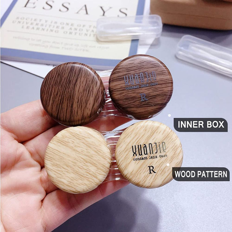 [Australia] - CARUNCOO Wood Grain Contact Lens Case Compact Eye Contact Case for Travelling Portable Contact Box with Mirror Rectangle，Cute Colorful Especially Elegant Brown 4 Piece Set 