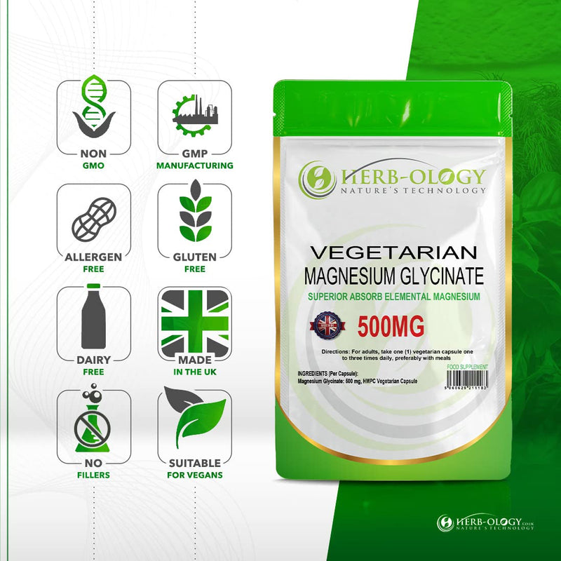 Herb-Ology Magnesium Glycinate Capsules | 120 Vegan Capsules | Magnesium Supplements | 500mg per Capsule | Highly Bioavailable, Dairy Free & Manufactured in The UK 120 count (Pack of 1)