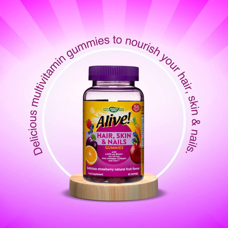 Alive! Hair, Skin & Nails Supplement | Contains 2,500mcg of Biotin | 60 Gummies (1 Month Supply) | Delicious Multivitamin Gummies to Nourish Your Hair, Skin & Nails.