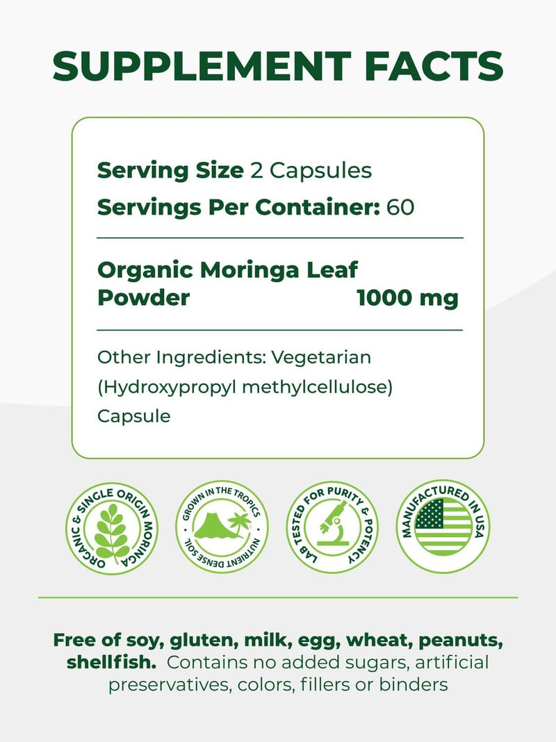 PURA VIDA MORINGA Organic Moringa Capsules Single Origin Moringa Powder Organic. Pure Moringa Leaf. Energy, Metabolism, & Immune Support. 120ct. 500mg Caps (Pack of 2)