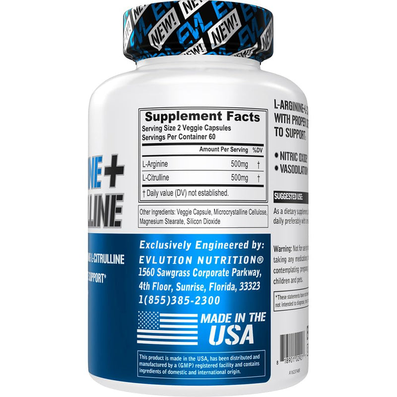 [Australia] - Evlution Nutrition L-Arginine + L-Citrulline - Endurance + Workout Performance Supplement - 500mg Complex - Vasodilation + Nitric Oxide Support - Vegan + Gluten Free Capsules - 60 Servings 