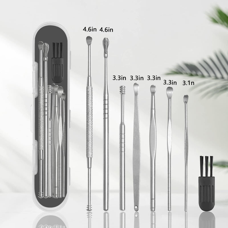 8 Pcs Ear Wax Removal Kit,Professional Double-Headed Ear Pick Earwax Removal Tools,316L Stainless Steel Ear Cleaner Curette with Cleaning Brush and Storage Box,Suit for Kid Adult(Silver) Silver Plastic Case